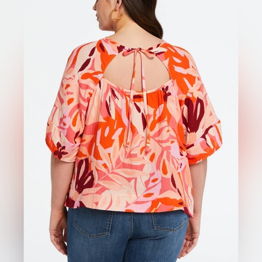 Ella Rafaella Plus Gauzy  Cotton Tie Back Lantern Sleeve Top